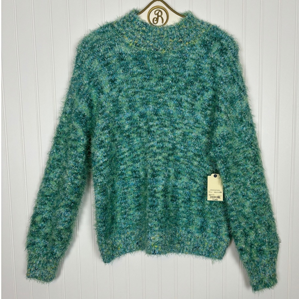 St John's Bay Fuzzy Sweater XL Blue Green Boucle Cozy Comfy Mock Neck Boho